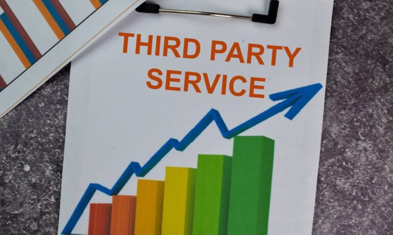 A piece of paper is attached to a clipboard. The paper says "Third Party Service" and has a graph with an upward arrow.